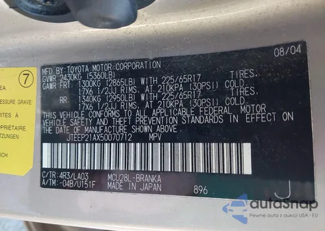 2005 Toyota Highlander Limited V6 из США, поврежденный, VIN JTEEP21AX50070712